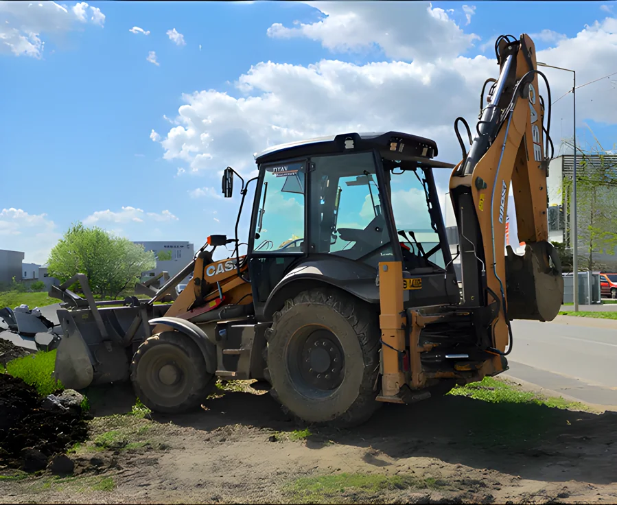 Buldoexcavator Caterpillar pe șantier